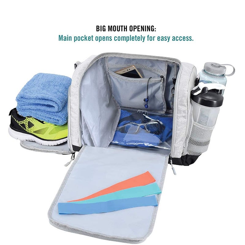 FocusGear Ultimate Gym Bag 2.0: The Durable Crowdsource Designed Duffel Bag with 10 Optimal Compartments Including Water Resistant Pouch, Silver, Medium (20") - Image 5